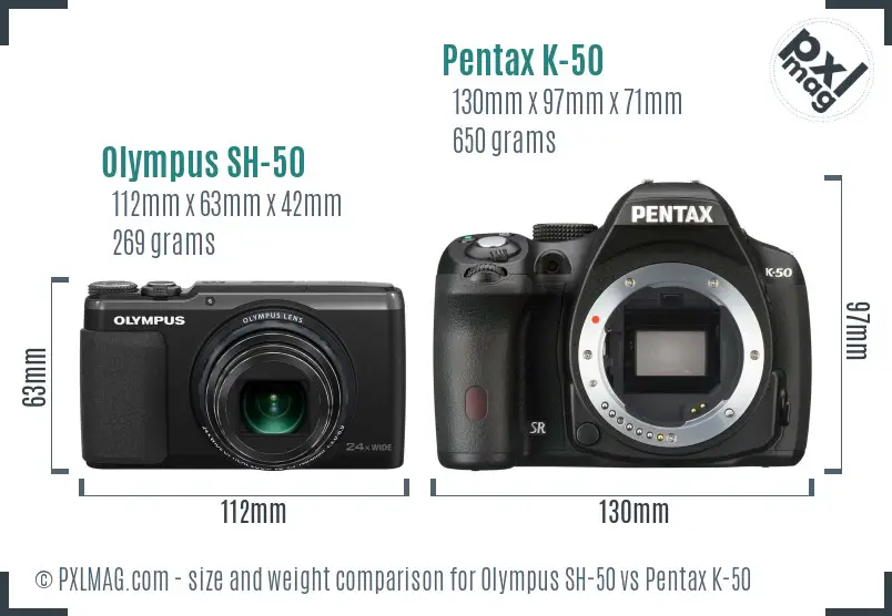 Olympus SH-50 vs Pentax K-50 size comparison