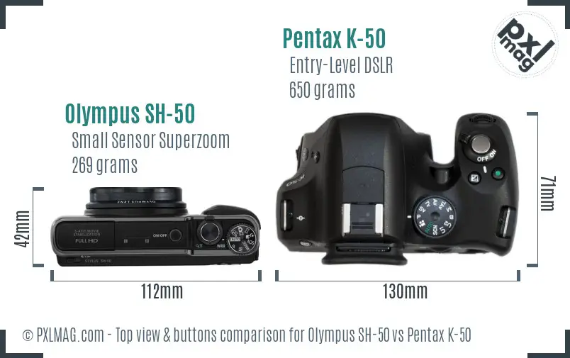 Olympus SH-50 vs Pentax K-50 top view buttons comparison
