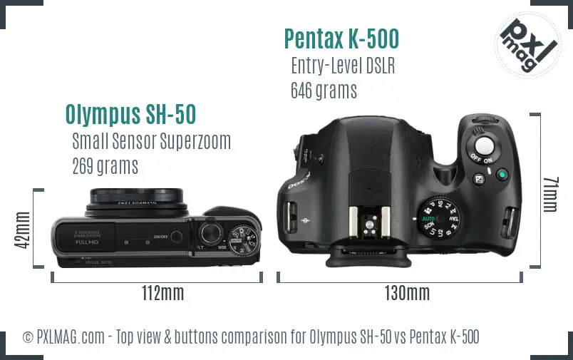 Olympus SH-50 vs Pentax K-500 top view buttons comparison