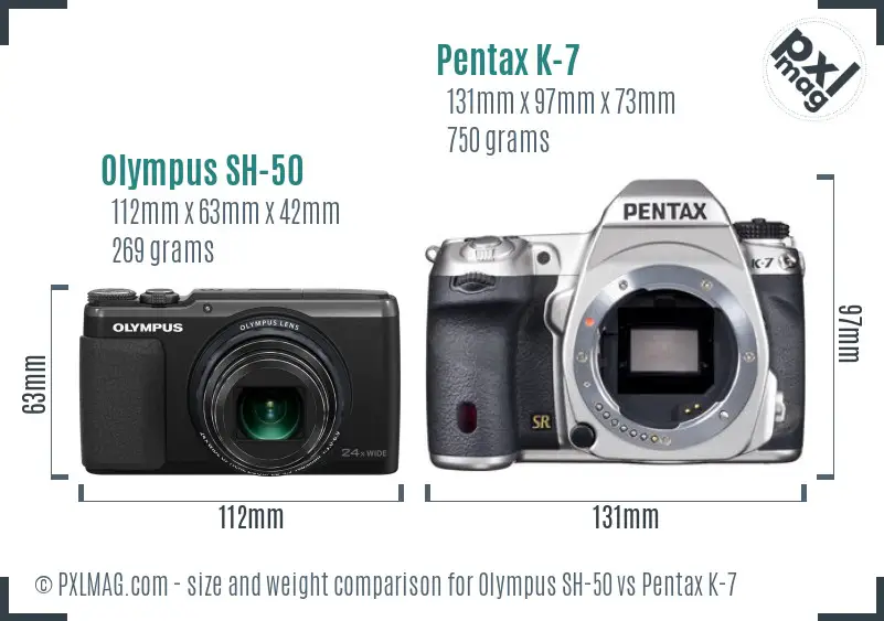 Olympus SH-50 vs Pentax K-7 size comparison