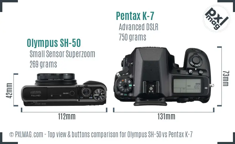 Olympus SH-50 vs Pentax K-7 top view buttons comparison