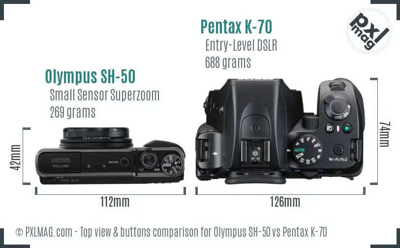 Olympus SH-50 vs Pentax K-70 top view buttons comparison