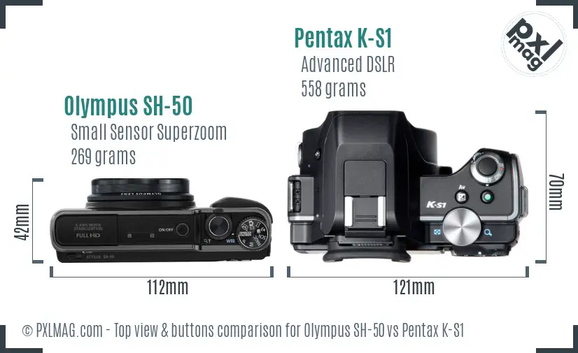 Olympus SH-50 vs Pentax K-S1 top view buttons comparison