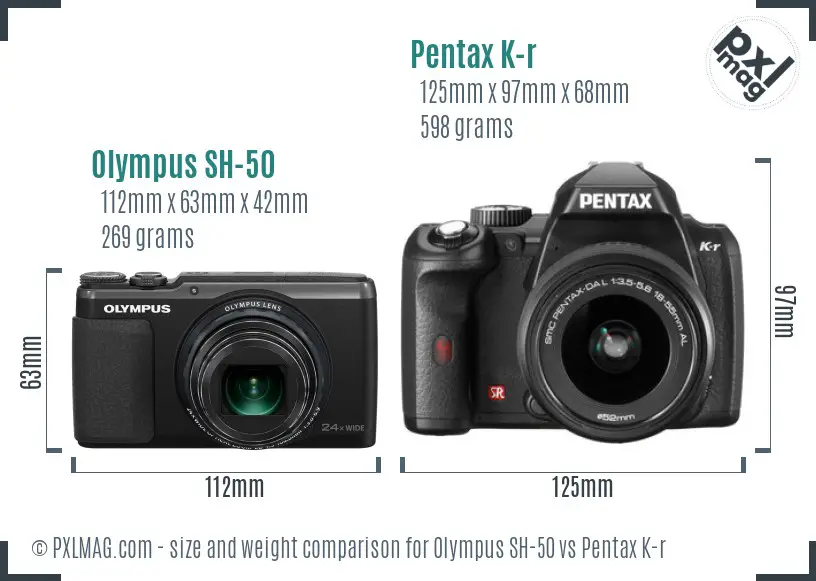 Olympus SH-50 vs Pentax K-r size comparison