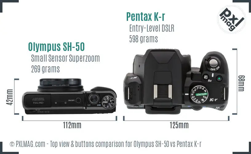 Olympus SH-50 vs Pentax K-r top view buttons comparison