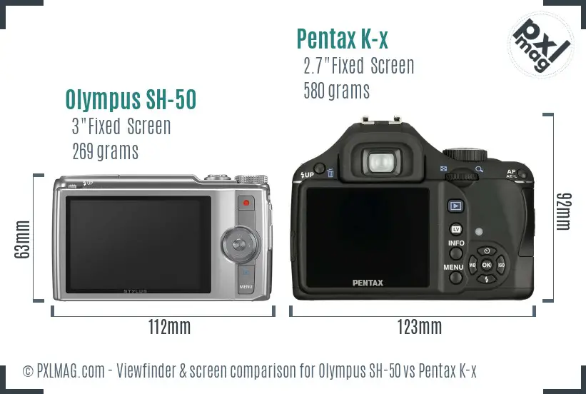 Olympus SH-50 vs Pentax K-x Screen and Viewfinder comparison
