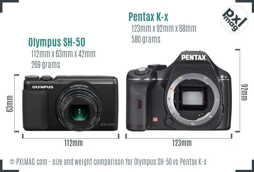 Olympus SH-50 vs Pentax K-x size comparison