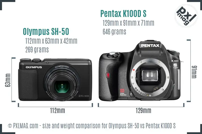 Olympus SH-50 vs Pentax K100D S size comparison