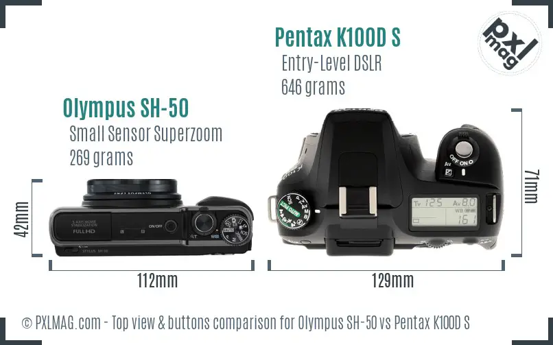 Olympus SH-50 vs Pentax K100D S top view buttons comparison
