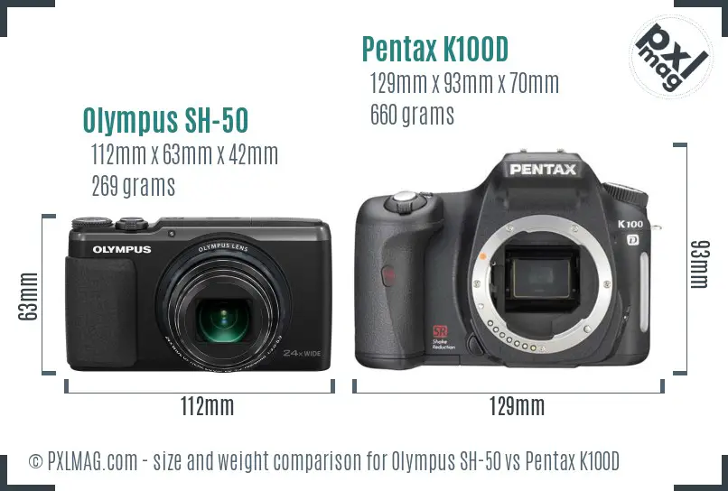 Olympus SH-50 vs Pentax K100D size comparison