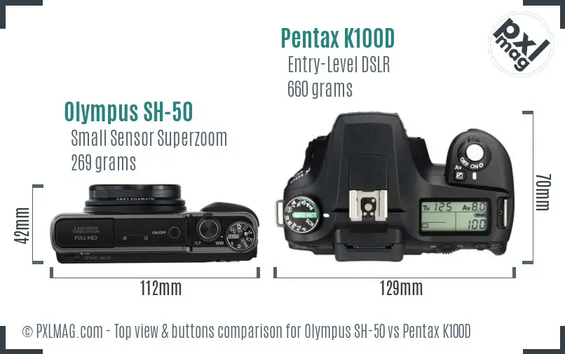 Olympus SH-50 vs Pentax K100D top view buttons comparison