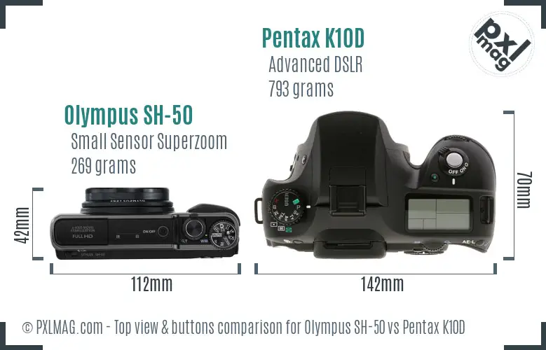 Olympus SH-50 vs Pentax K10D top view buttons comparison