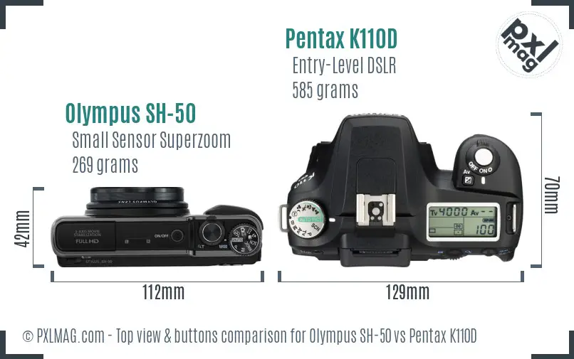 Olympus SH-50 vs Pentax K110D top view buttons comparison