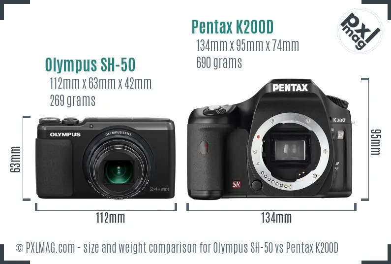 Olympus SH-50 vs Pentax K200D size comparison