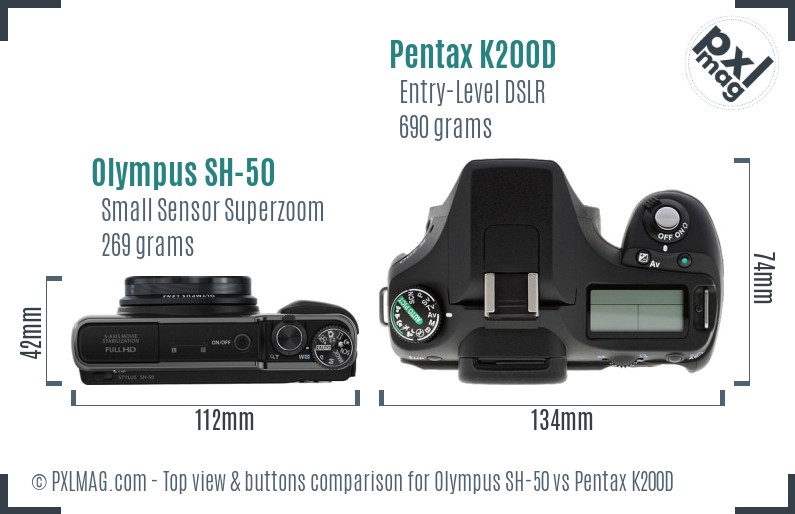 Olympus SH-50 vs Pentax K200D top view buttons comparison