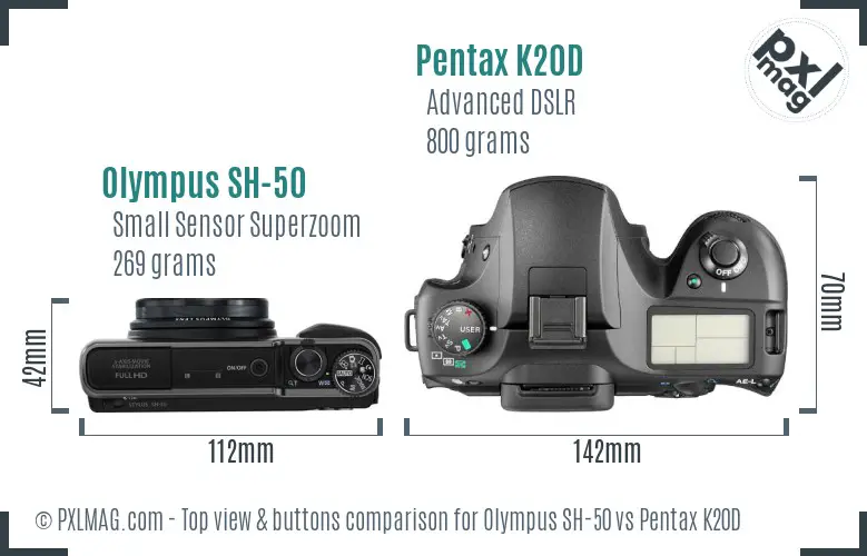 Olympus SH-50 vs Pentax K20D top view buttons comparison