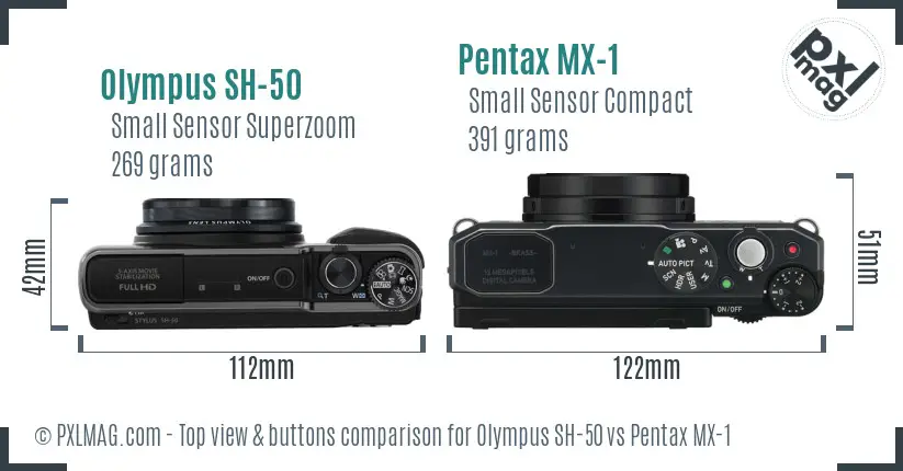 Olympus SH-50 vs Pentax MX-1 top view buttons comparison