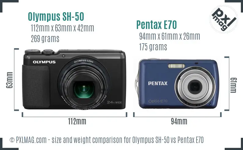 Olympus SH-50 vs Pentax E70 size comparison