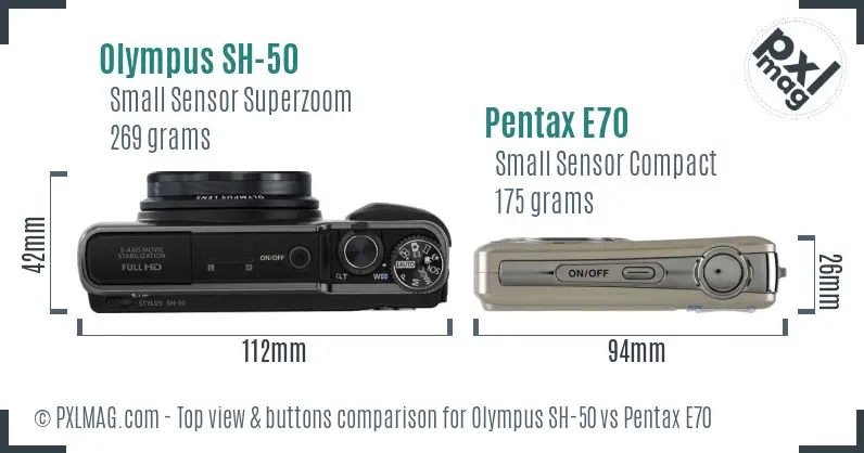 Olympus SH-50 vs Pentax E70 top view buttons comparison