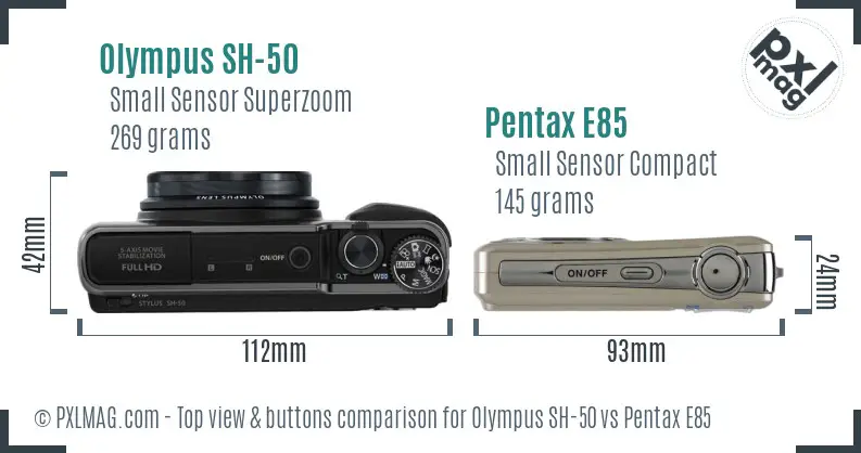 Olympus SH-50 vs Pentax E85 top view buttons comparison