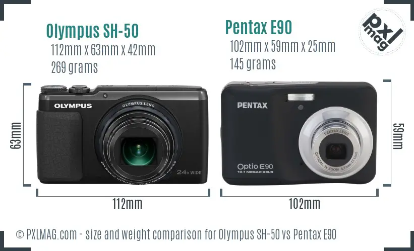 Olympus SH-50 vs Pentax E90 size comparison