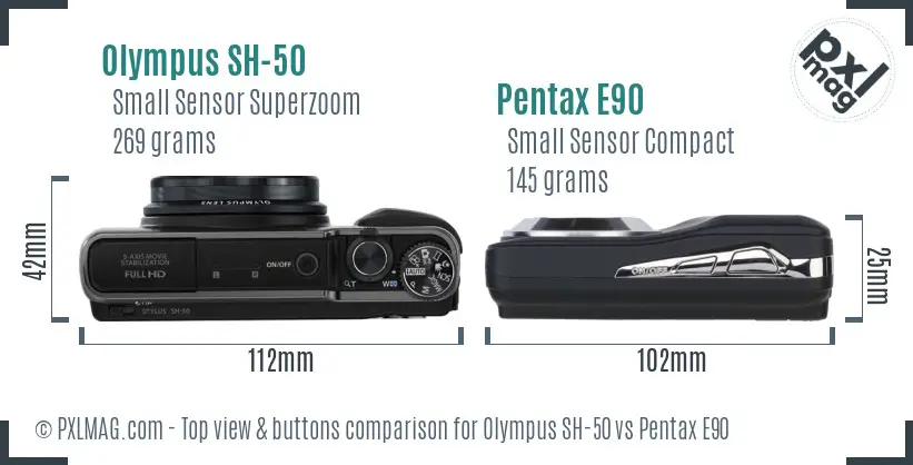Olympus SH-50 vs Pentax E90 top view buttons comparison