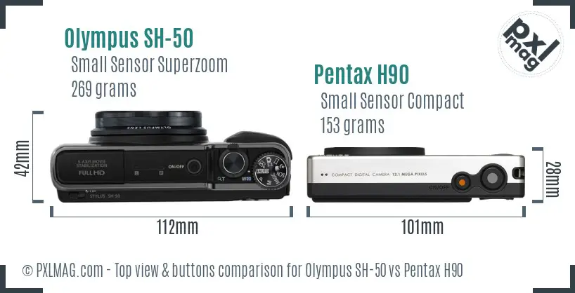 Olympus SH-50 vs Pentax H90 top view buttons comparison