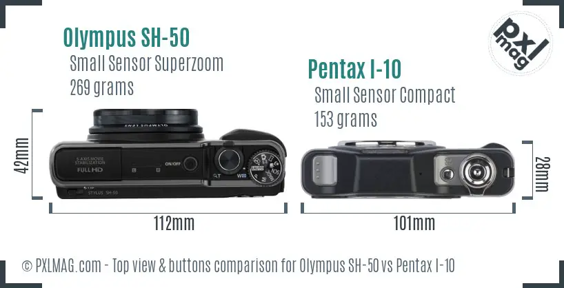 Olympus SH-50 vs Pentax I-10 top view buttons comparison
