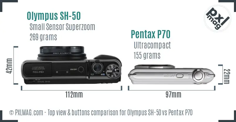 Olympus SH-50 vs Pentax P70 top view buttons comparison