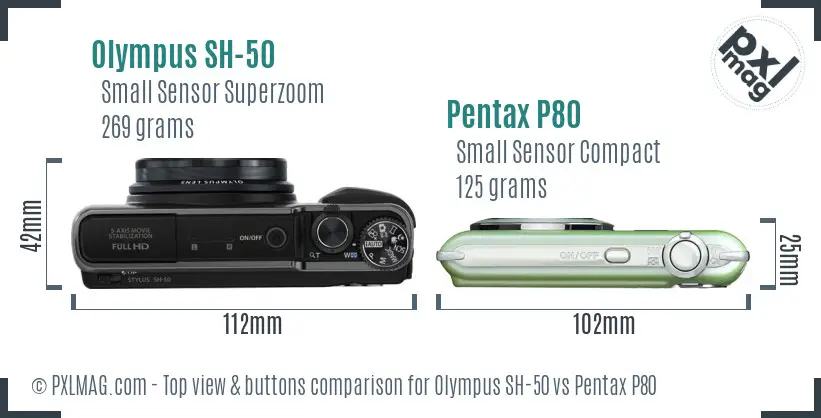Olympus SH-50 vs Pentax P80 top view buttons comparison