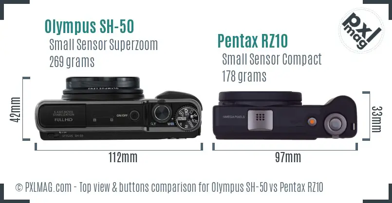 Olympus SH-50 vs Pentax RZ10 top view buttons comparison