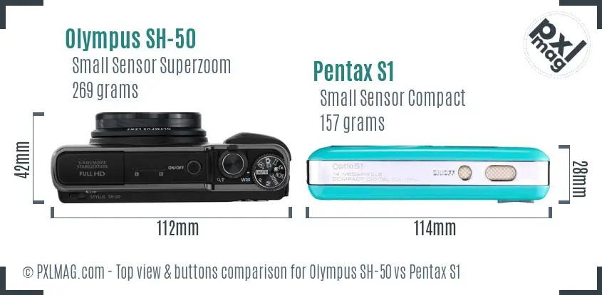 Olympus SH-50 vs Pentax S1 top view buttons comparison