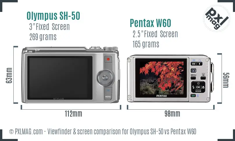 Olympus SH-50 vs Pentax W60 Screen and Viewfinder comparison