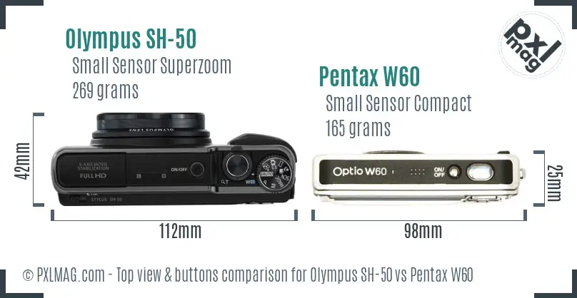 Olympus SH-50 vs Pentax W60 top view buttons comparison