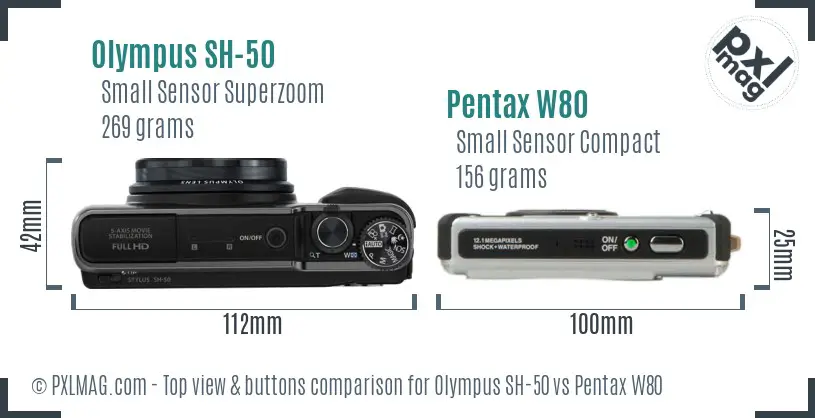 Olympus SH-50 vs Pentax W80 top view buttons comparison