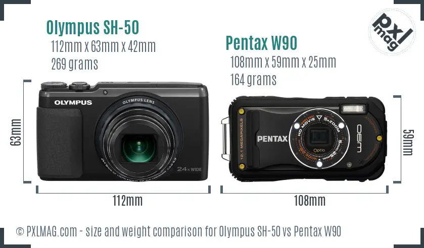 Olympus SH-50 vs Pentax W90 size comparison