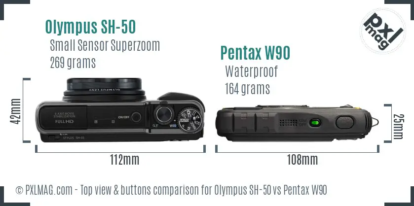 Olympus SH-50 vs Pentax W90 top view buttons comparison