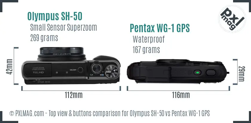Olympus SH-50 vs Pentax WG-1 GPS top view buttons comparison