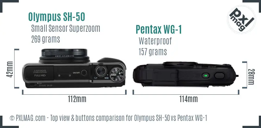 Olympus SH-50 vs Pentax WG-1 top view buttons comparison