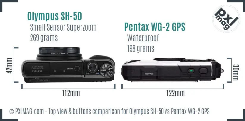 Olympus SH-50 vs Pentax WG-2 GPS top view buttons comparison