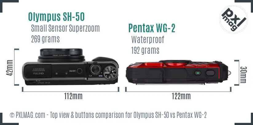 Olympus SH-50 vs Pentax WG-2 top view buttons comparison