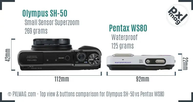 Olympus SH-50 vs Pentax WS80 top view buttons comparison