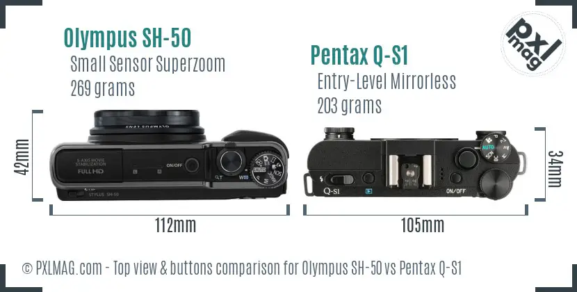 Olympus SH-50 vs Pentax Q-S1 top view buttons comparison