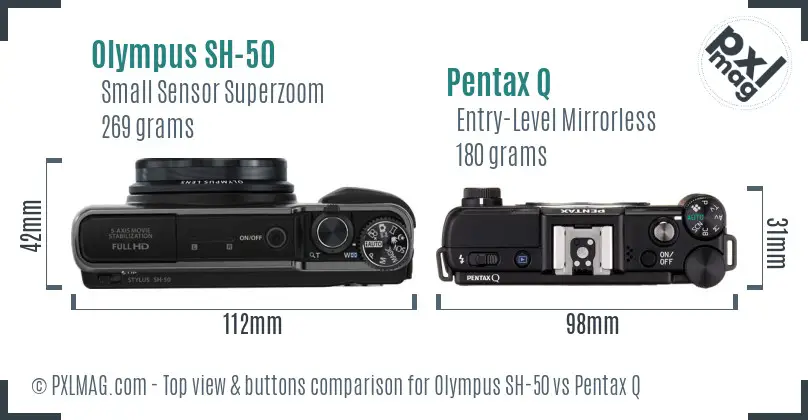 Olympus SH-50 vs Pentax Q top view buttons comparison