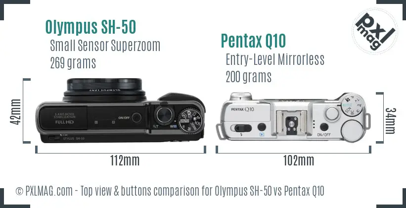 Olympus SH-50 vs Pentax Q10 top view buttons comparison