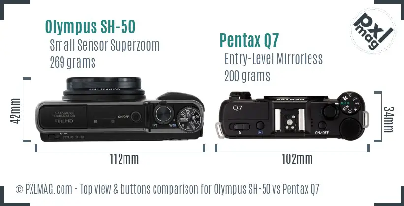 Olympus SH-50 vs Pentax Q7 top view buttons comparison