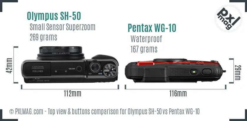 Olympus SH-50 vs Pentax WG-10 top view buttons comparison