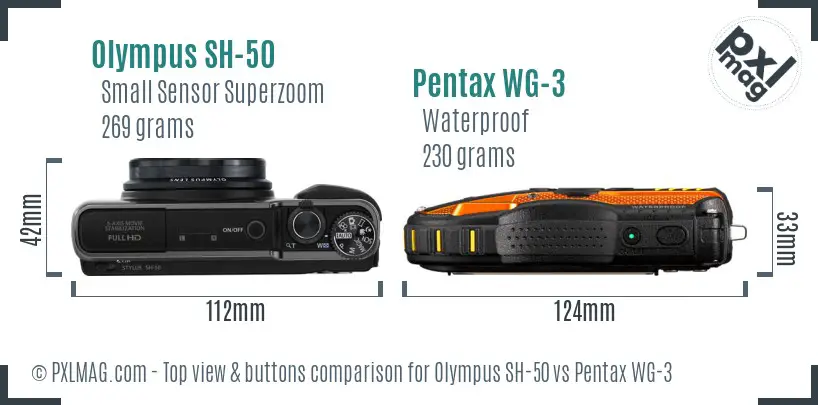 Olympus SH-50 vs Pentax WG-3 top view buttons comparison