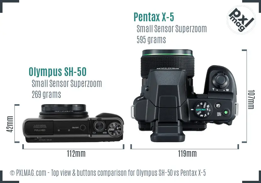 Olympus SH-50 vs Pentax X-5 top view buttons comparison