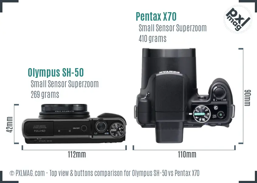 Olympus SH-50 vs Pentax X70 top view buttons comparison Olympus SH-50 vs Pentax X70 top view buttons comparison